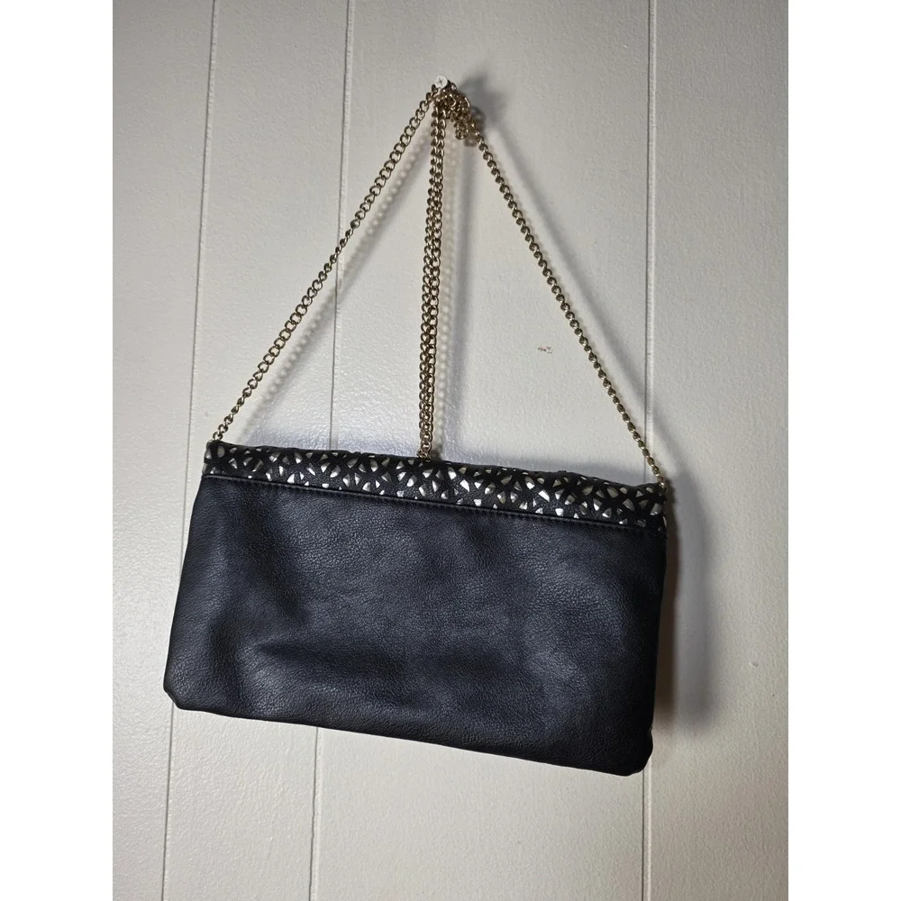 Black Gold Cutout Clutch Purse Fold Over Chain Strap Evening Bag